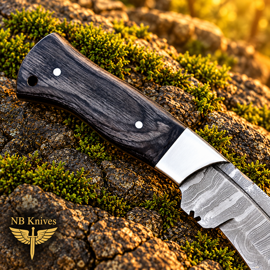Handcrafted Damascus Kukri Knife with Pakka Wood Handle & Leather Sheath