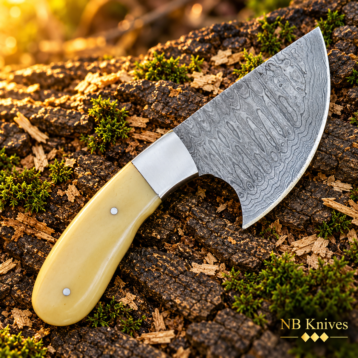 Handcrafted Damascus Skinner Knife with Camel Bone Handle & Leather Sheath