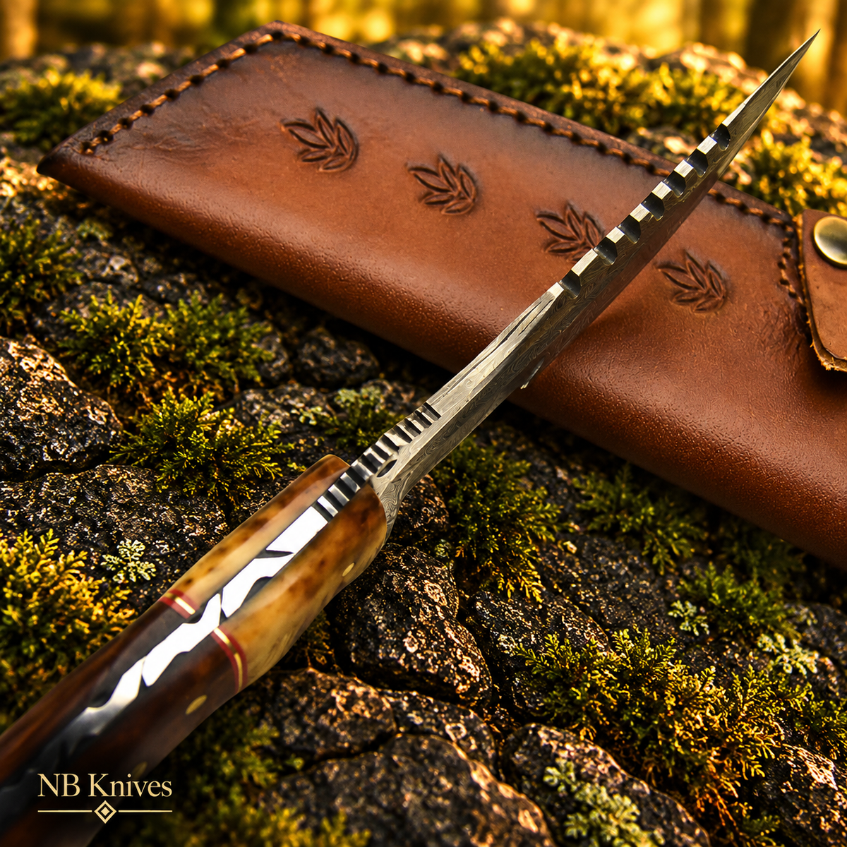 Damascus Steel Full Tang Knife with Olive Wood & Walnut Wood Handle & Leather Sheath