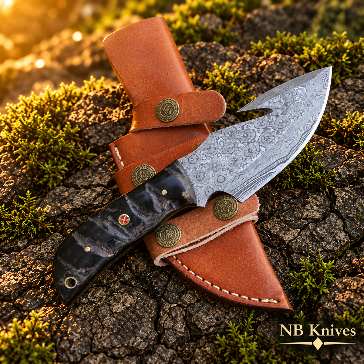 Custom Hand Forged Damascus Steel Gut Hook Knife with Ram Horn Handle