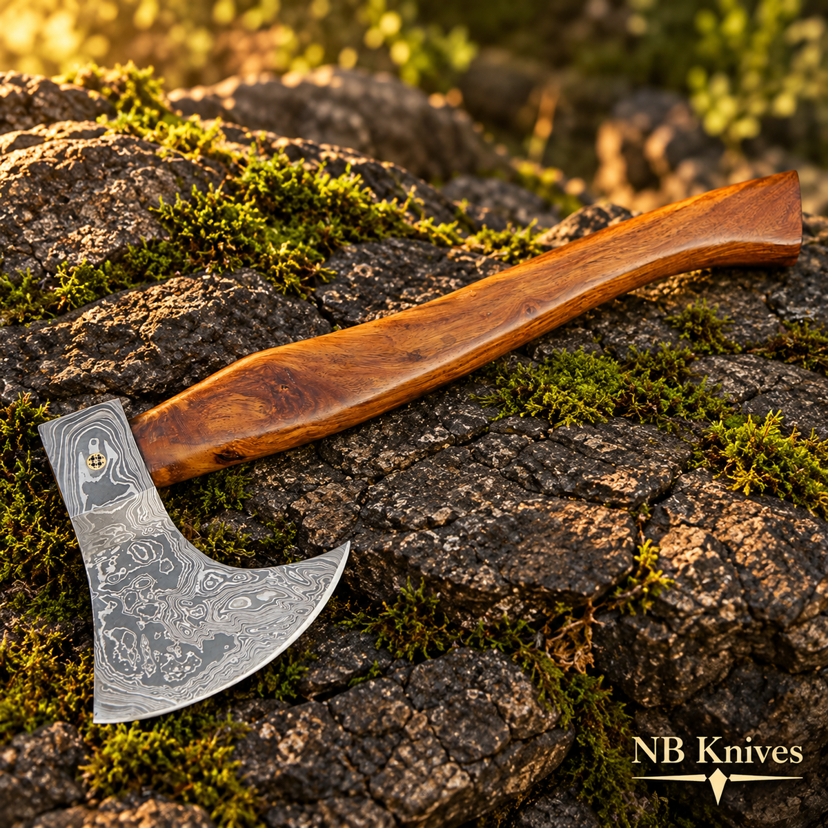 Handcrafted Damascus Steel Viking Axe with Rosewood Handle & Leather Sheath