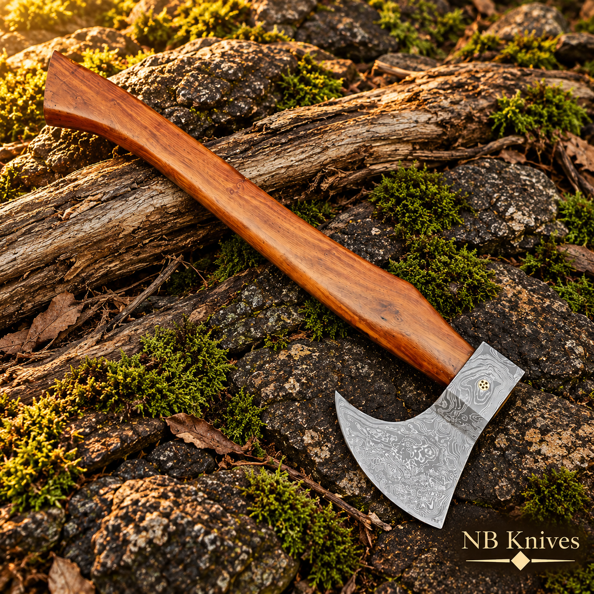 Handcrafted Damascus Steel Viking Axe with Rosewood Handle & Leather Sheath