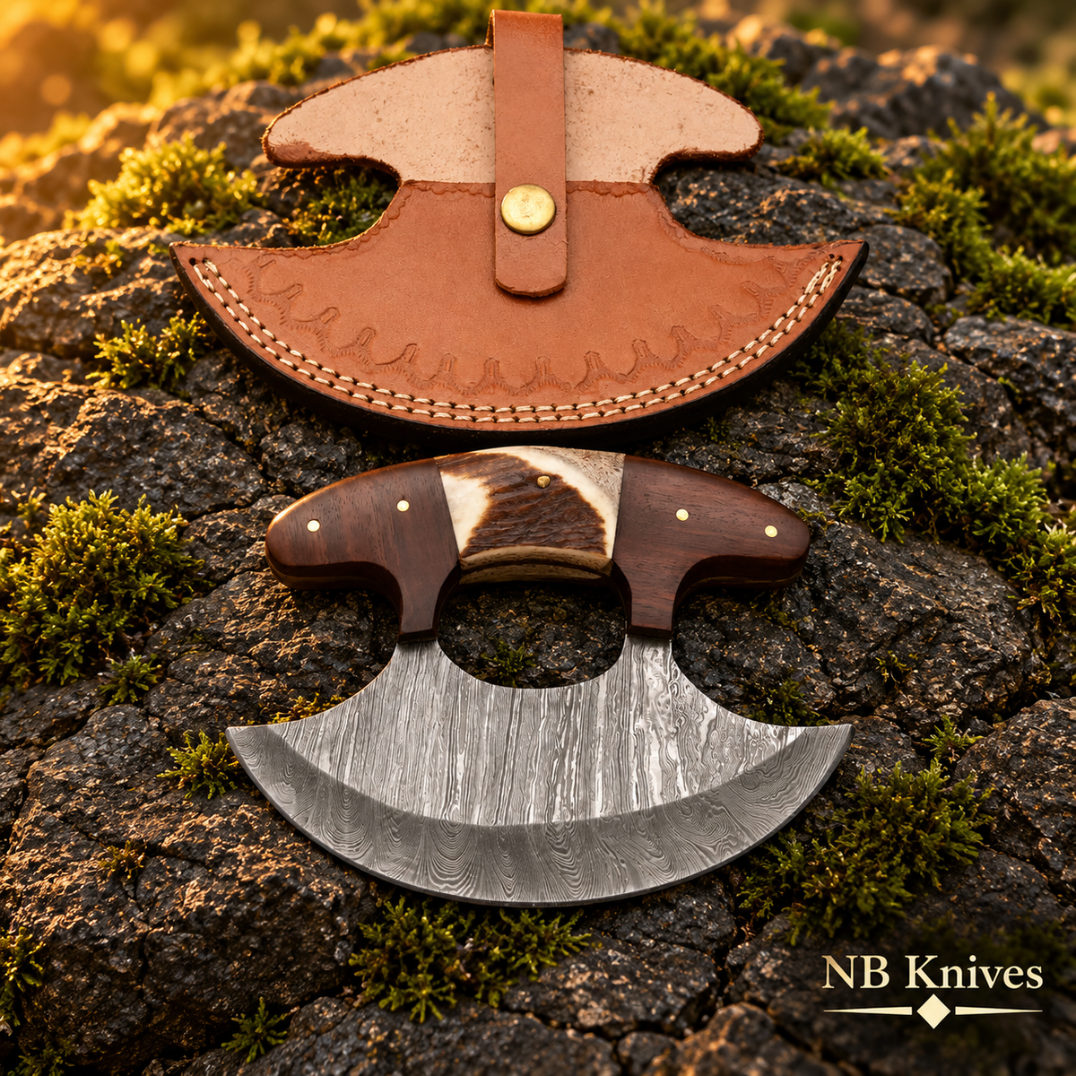Handcrafted Damascus Ulu Rocker Chopper with Stag Antler & Rosewood Handle