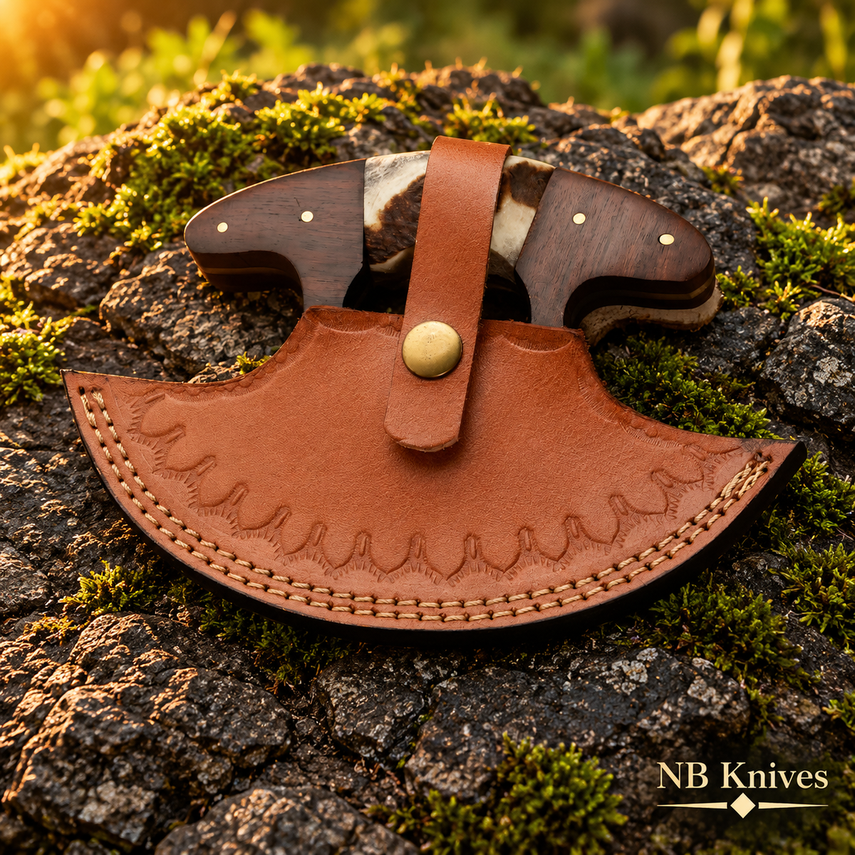 Handcrafted Damascus Ulu Rocker Chopper with Stag Antler & Rosewood Handle