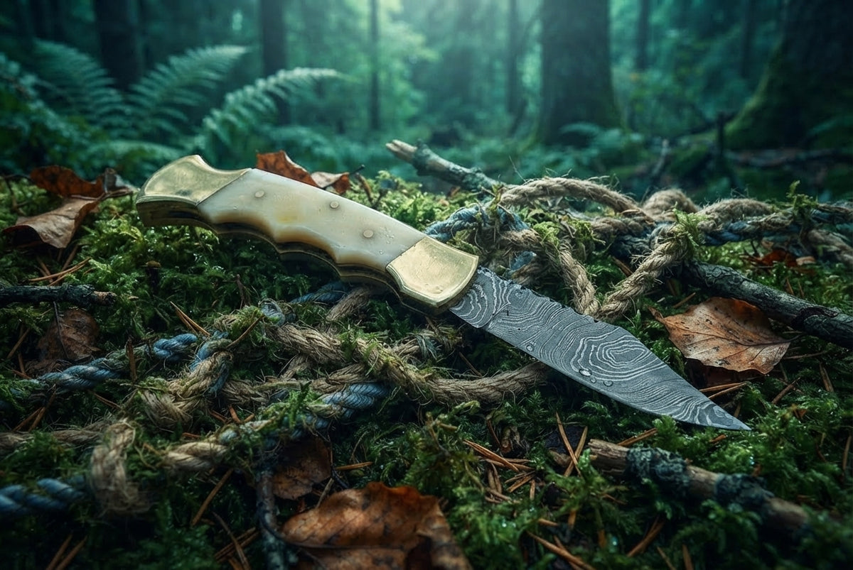 Damascus steel pocket knife featuring Camel Bone handle and brass bolster