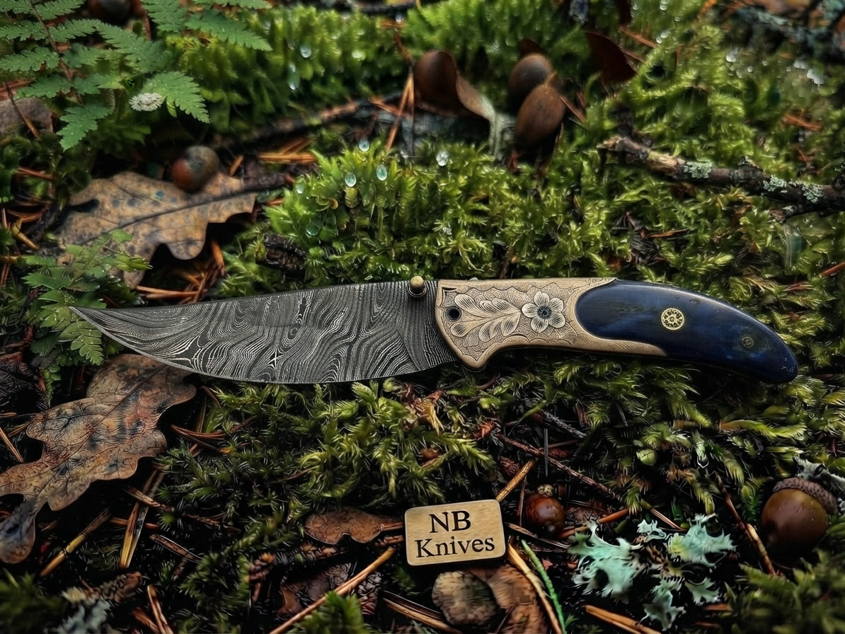 Handmade Damascus Steel Folding Pocket Knife – Blue Bone Handle