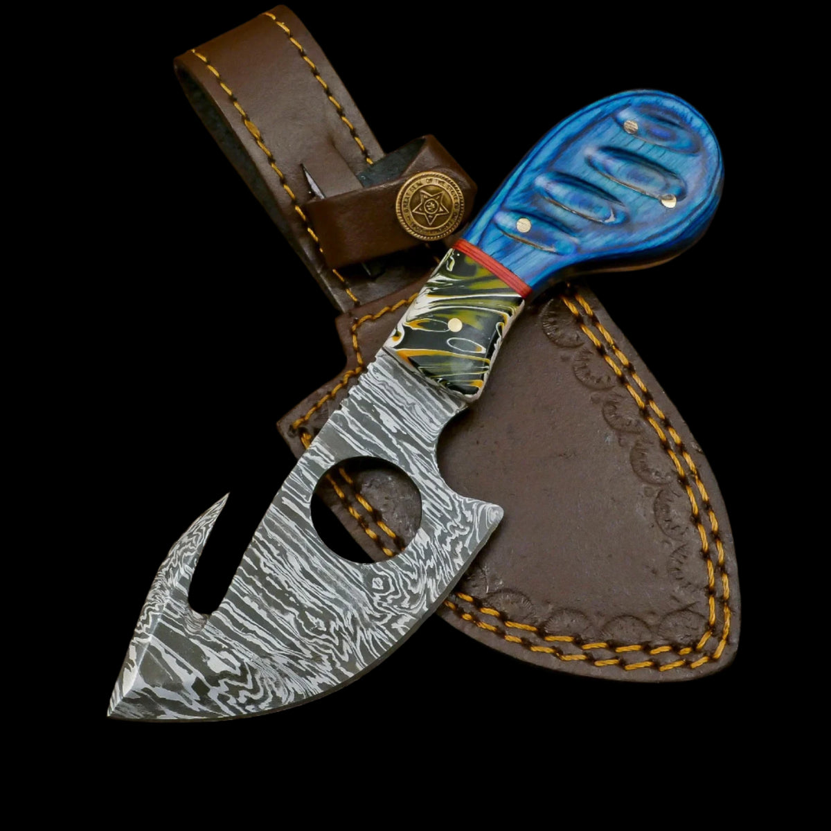 Custom Handmade Damascus Steel Gut Hook Skinner Knife with Hardwood Handle