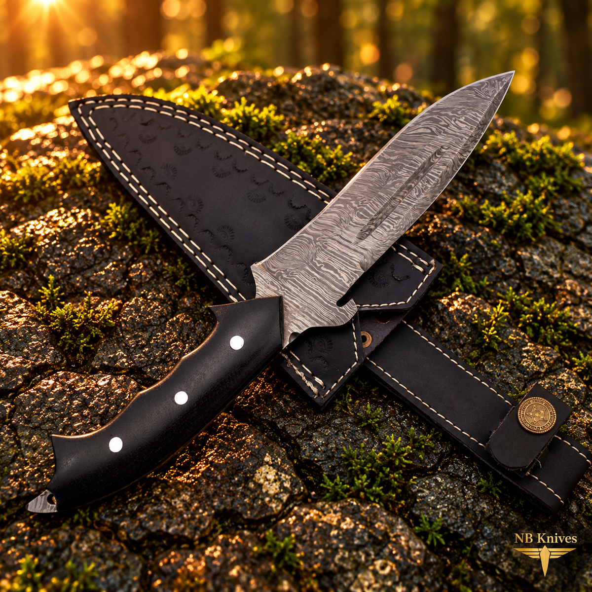 Hand-Forged Damascus Hunting Knife with Micarta Handle & Cowhide Leather Sheath
