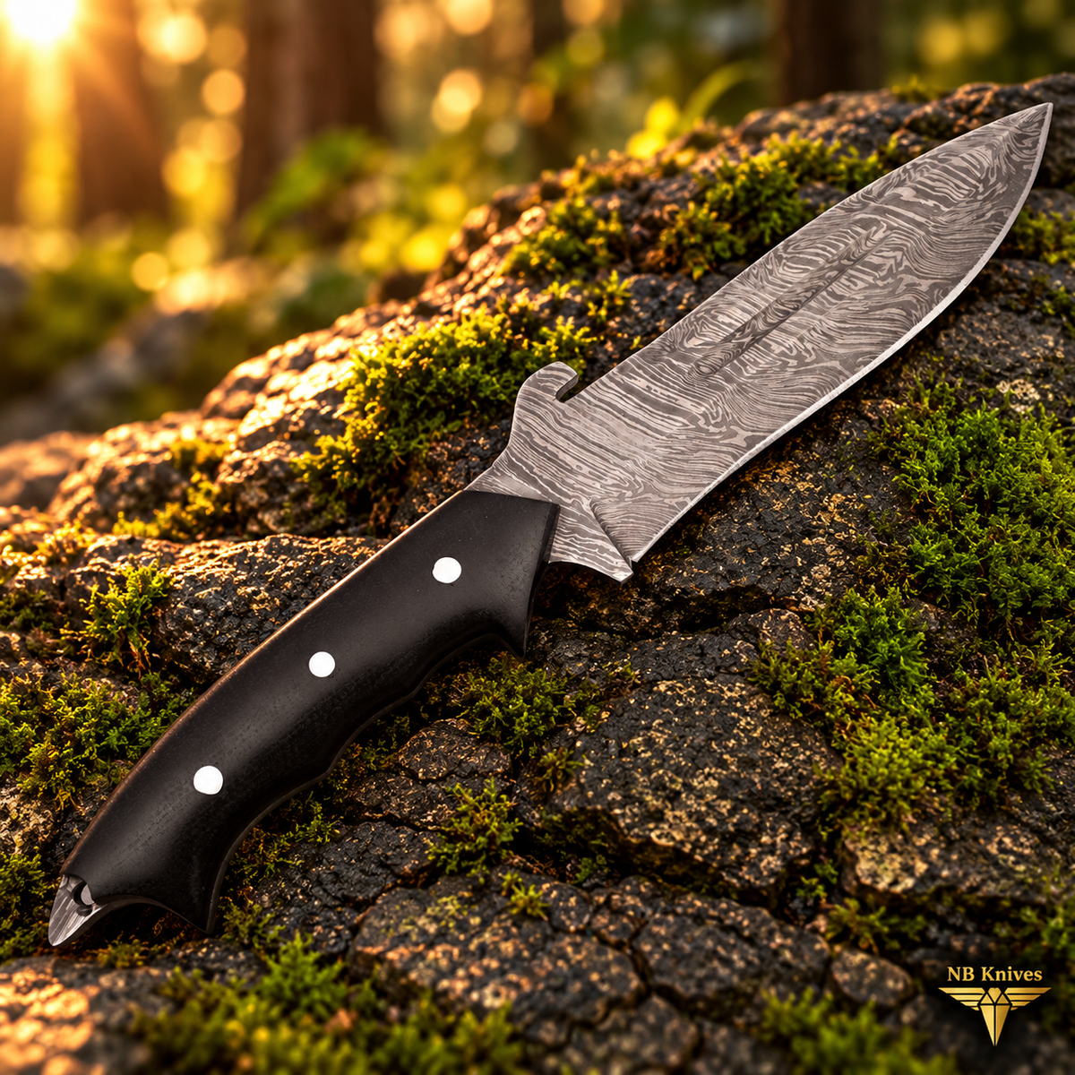 Hand-Forged Damascus Hunting Knife with Micarta Handle & Cowhide Leather Sheath