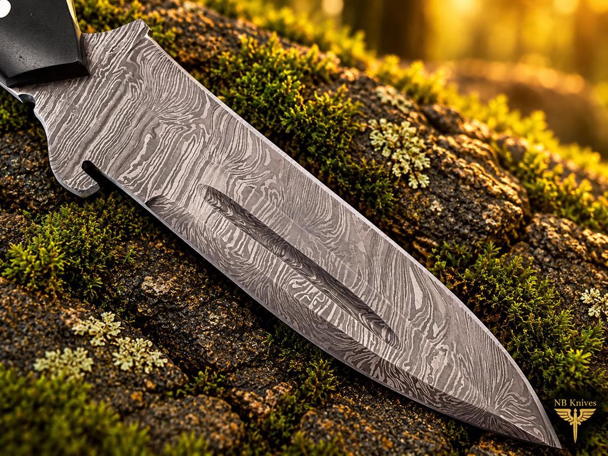 Hand-Forged Damascus Hunting Knife with Micarta Handle & Cowhide Leather Sheath