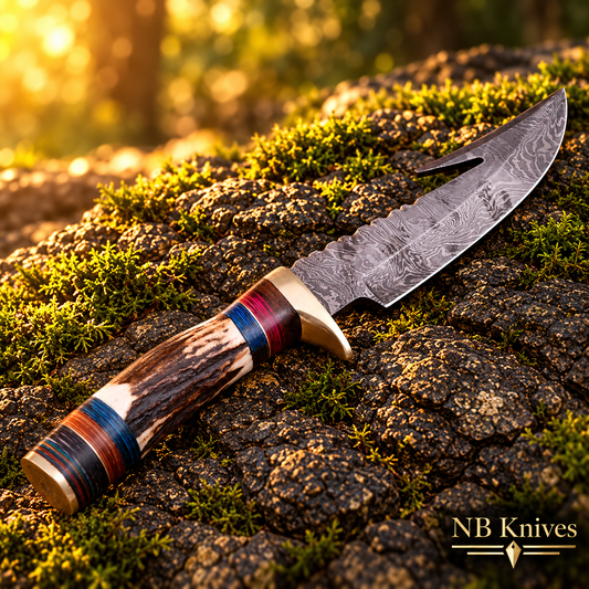 Hand Forged Twist Pattern Damascus Gut Hook Hunting Knife with Stag Horn Handle