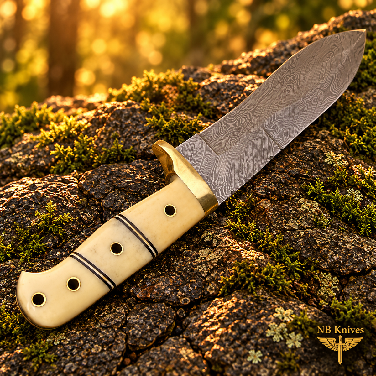 Handcrafted Damascus Hunting Knife with Cow Bone Handle & Brass Guard