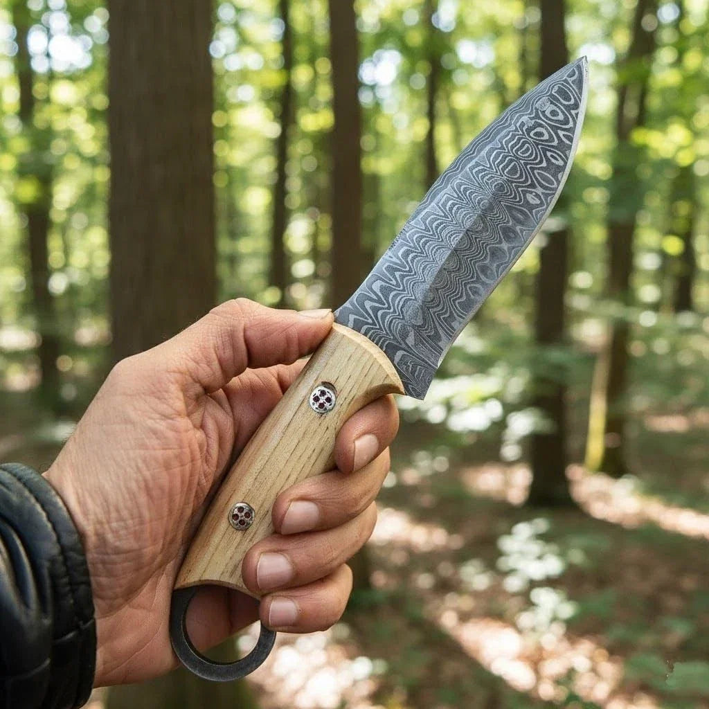 Hand holding a knife with a wooden handle and patterned blade in a forest setting