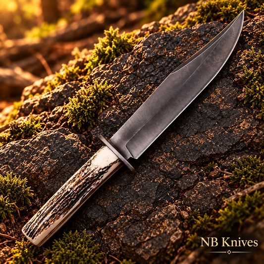 Handmade 1095 Steel Bowie Knife with Stag Horn Handle & Leather Sheath