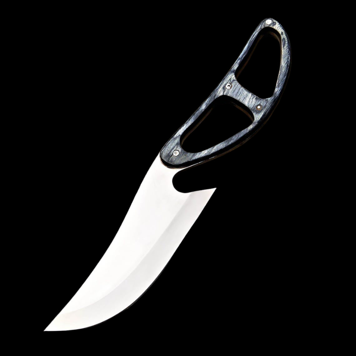 Folding knife with black handle on a wooden branch