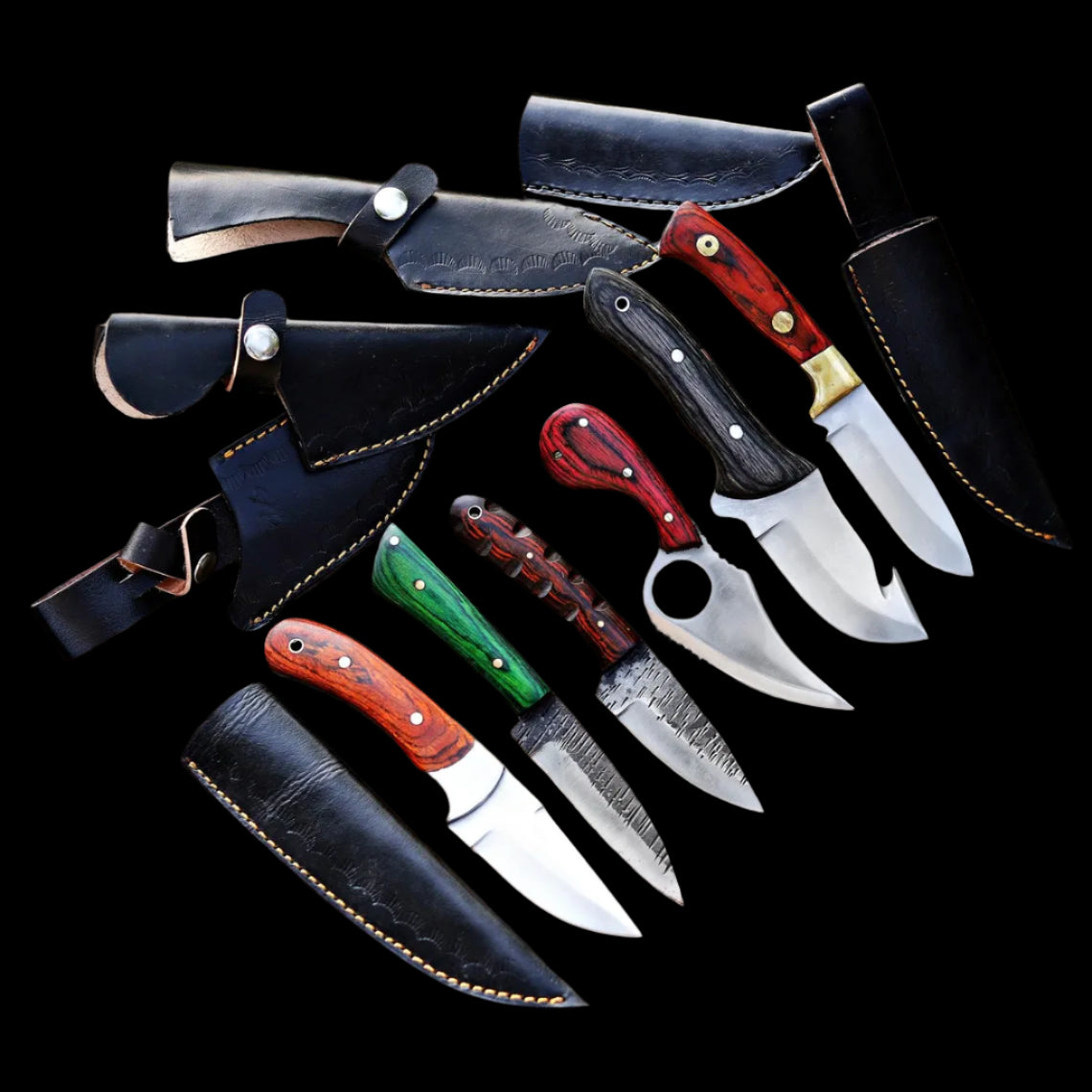 Custom Handmade D2 Steel Skinner Knives Set of 6 with Hardwood Handles & Leather Sheaths