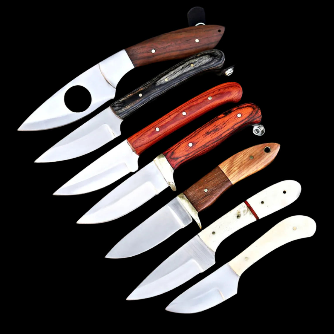 Custom Handmade Set of 7 D2 Steel Skinner Knives with Leather Sheaths