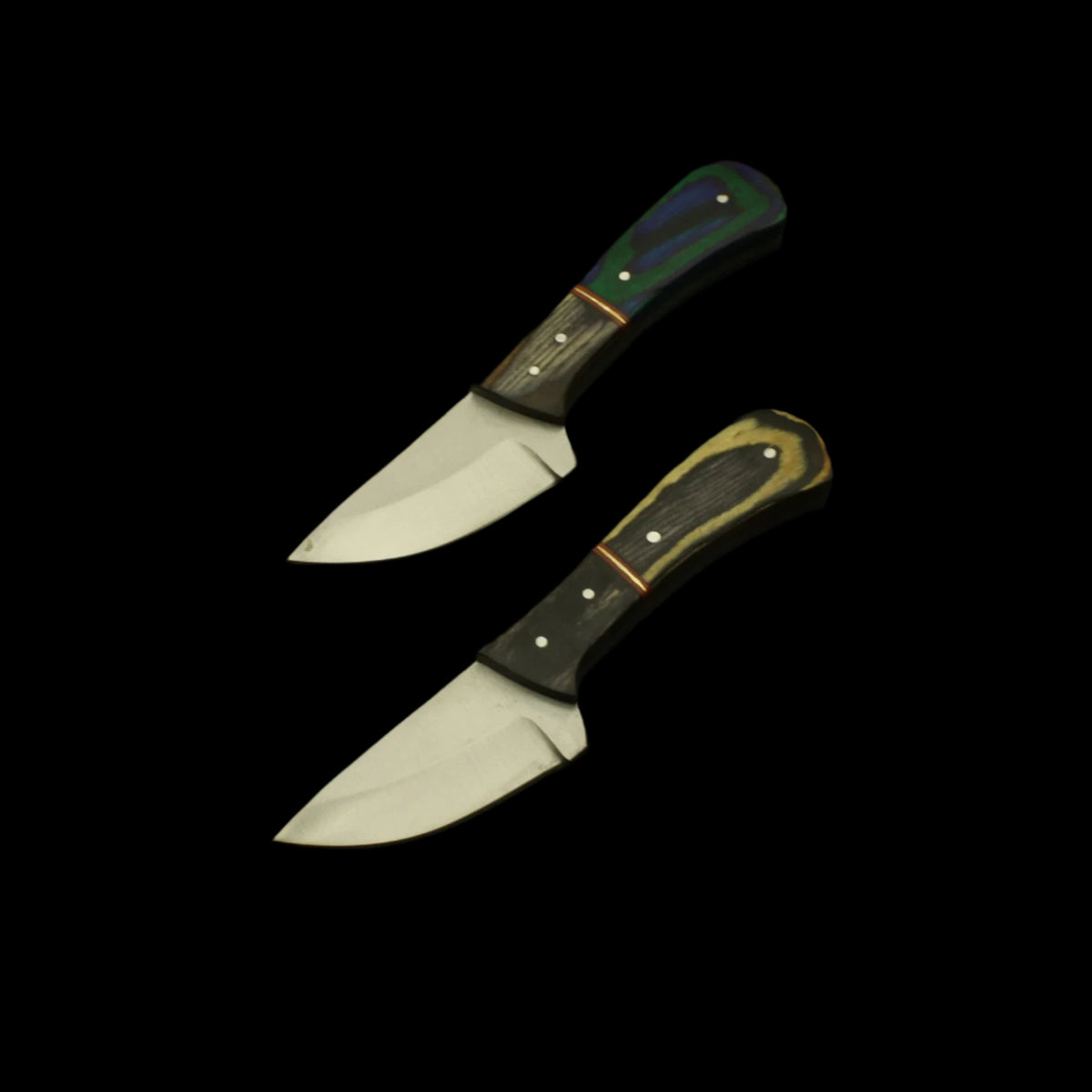 Two knives with wooden handles on a dark surface