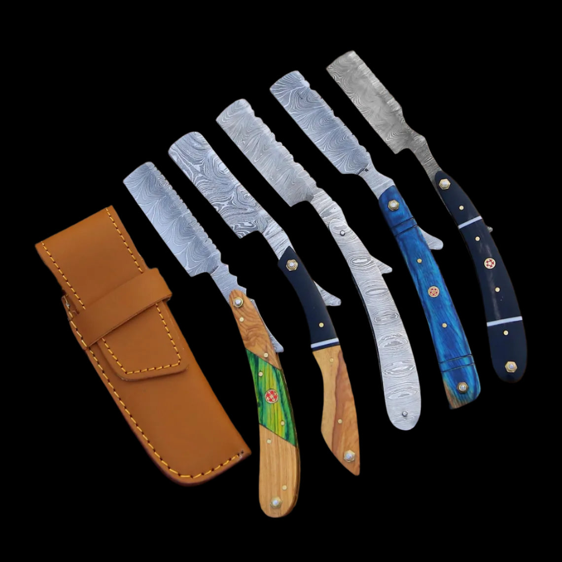 |NB KNIVES| Custom Handmade Lot Of 5 Damascus Steel Straight Razors With Leather Sheaths