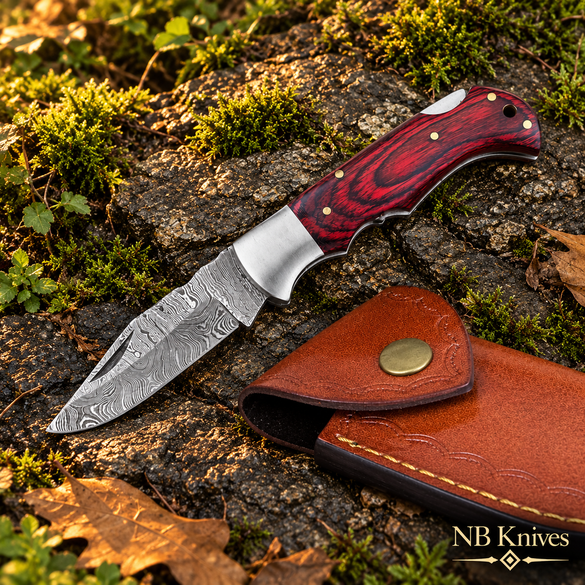 Twist Damascus Folding Knife with Red Stained Wood Handle