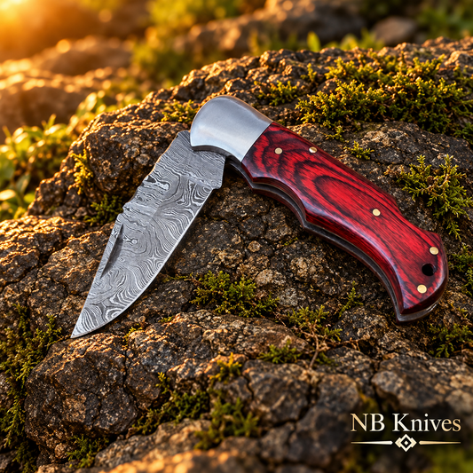 Twist Damascus Folding Knife with Red Stained Wood Handle