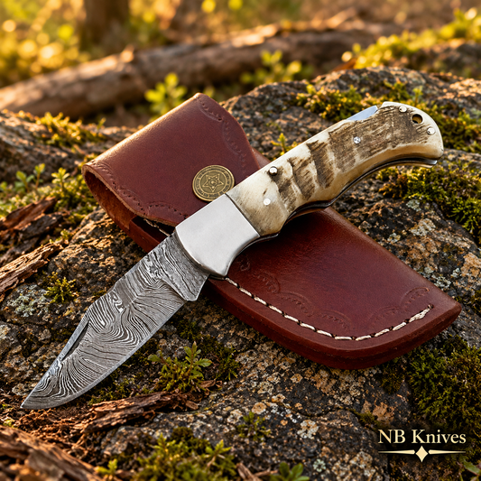 Twist Damascus Folding Knife with Ram Horn Handle & Vine Filework