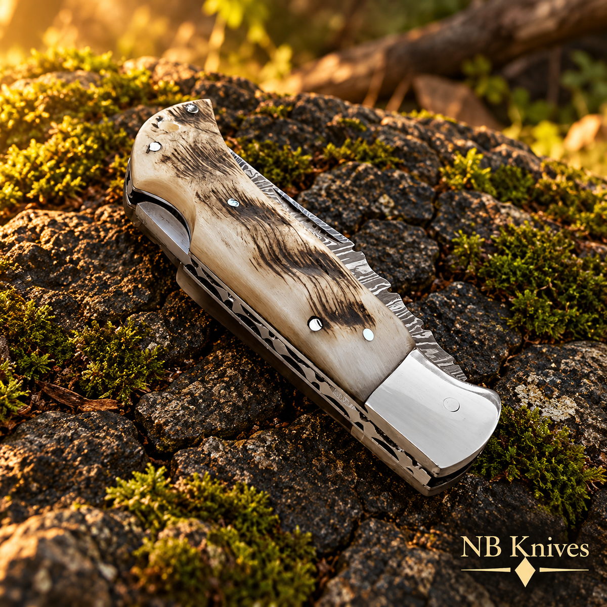 Twist Damascus Folding Knife with Ram Horn Handle & Vine Filework
