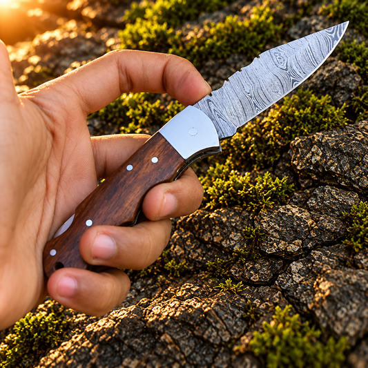 Twist Damascus Folding Knife with Rosewood Handle