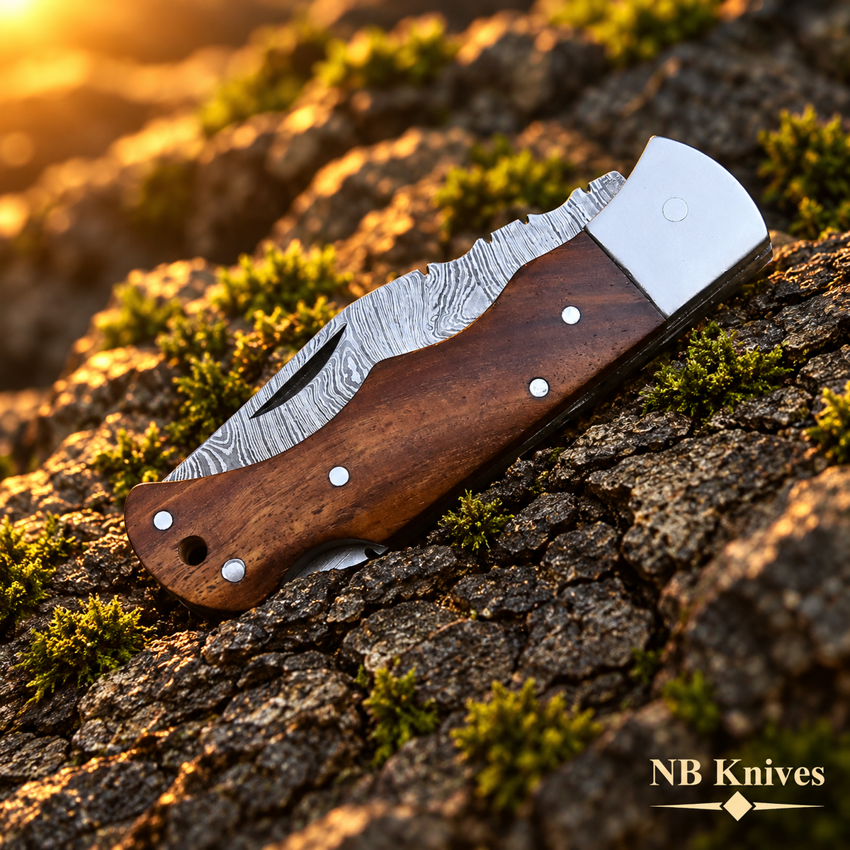 Twist Damascus Folding Knife with Rosewood Handle