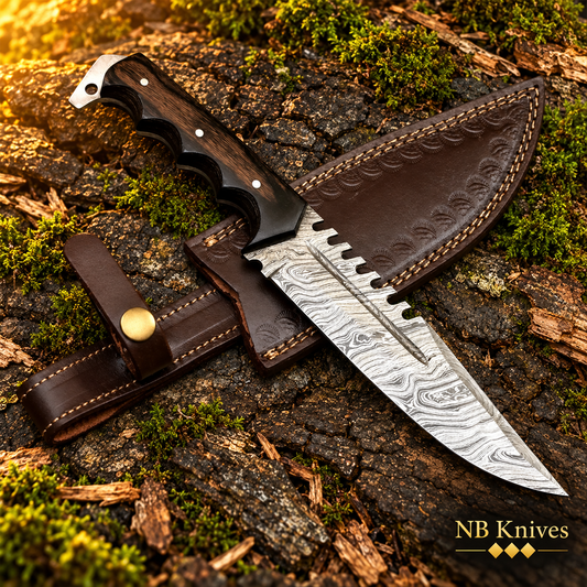 Hand-Forged Twist Damascus Hunting Knife with Dark Wood Handle & Leather Sheath