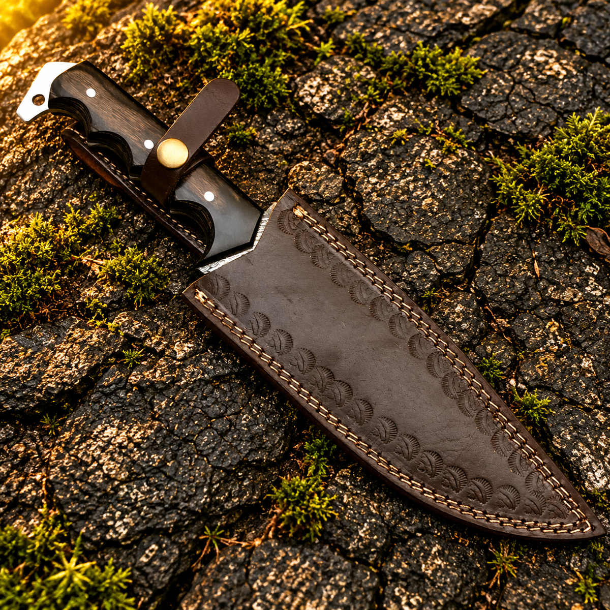 Hand-Forged Twist Damascus Hunting Knife with Dark Wood Handle & Leather Sheath