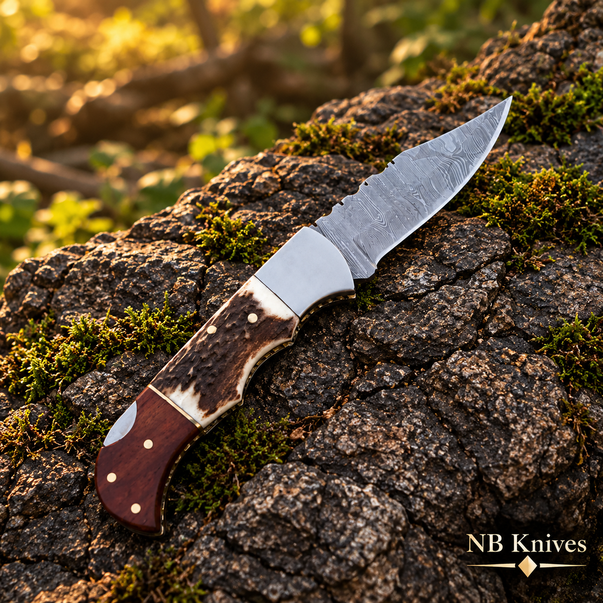 Twist Damascus Pocket Folding Knife with Stag & Wood Handle and Pocket Clip