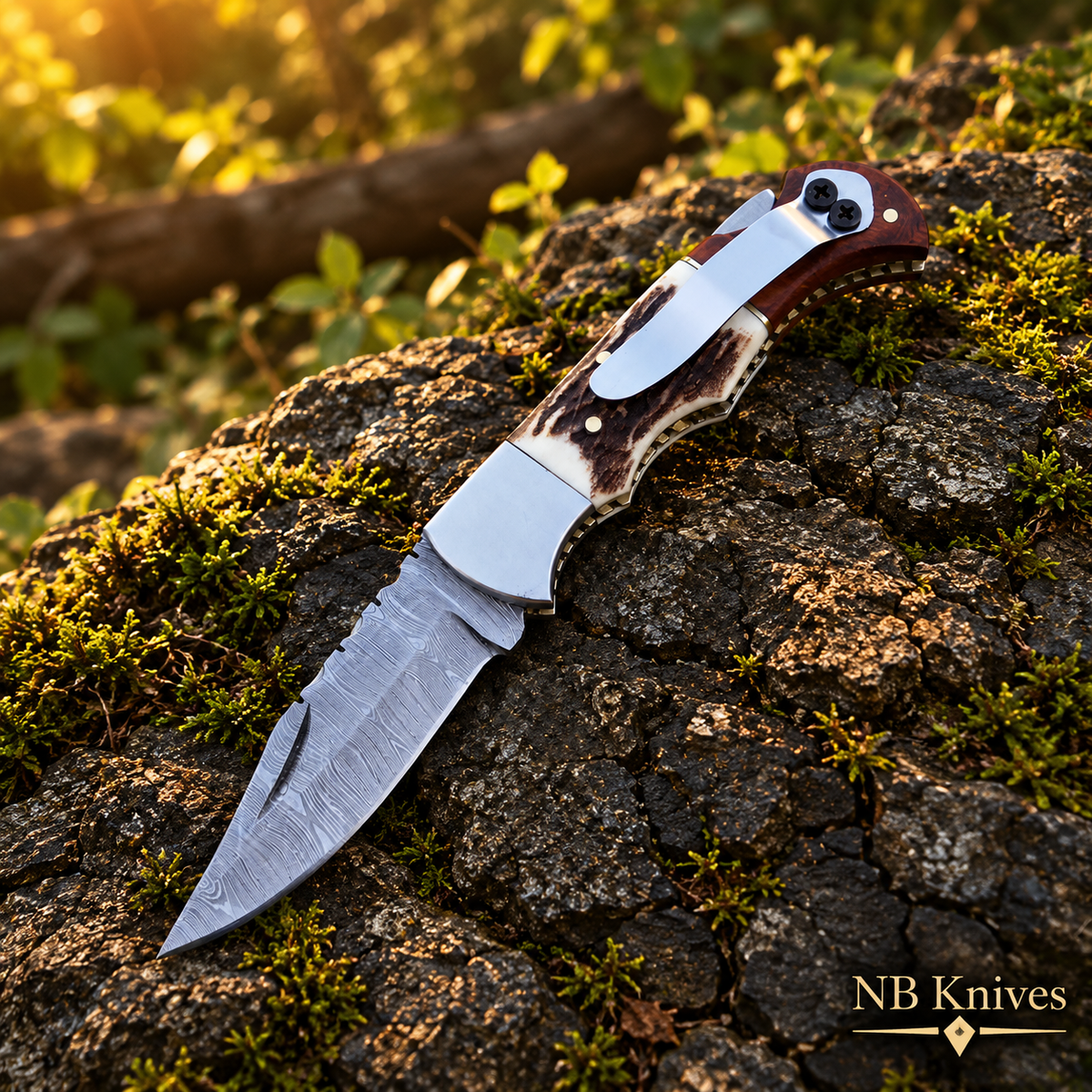 Twist Damascus Pocket Folding Knife with Stag & Wood Handle and Pocket Clip