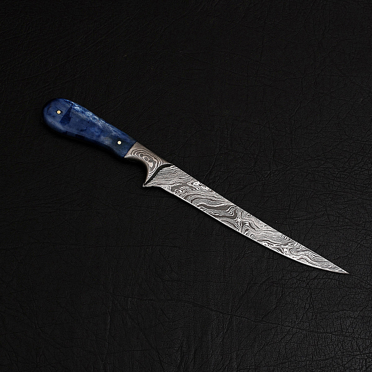 Blue Dyed Bone Handle Damascus Fillet Knife with Leather Sheath