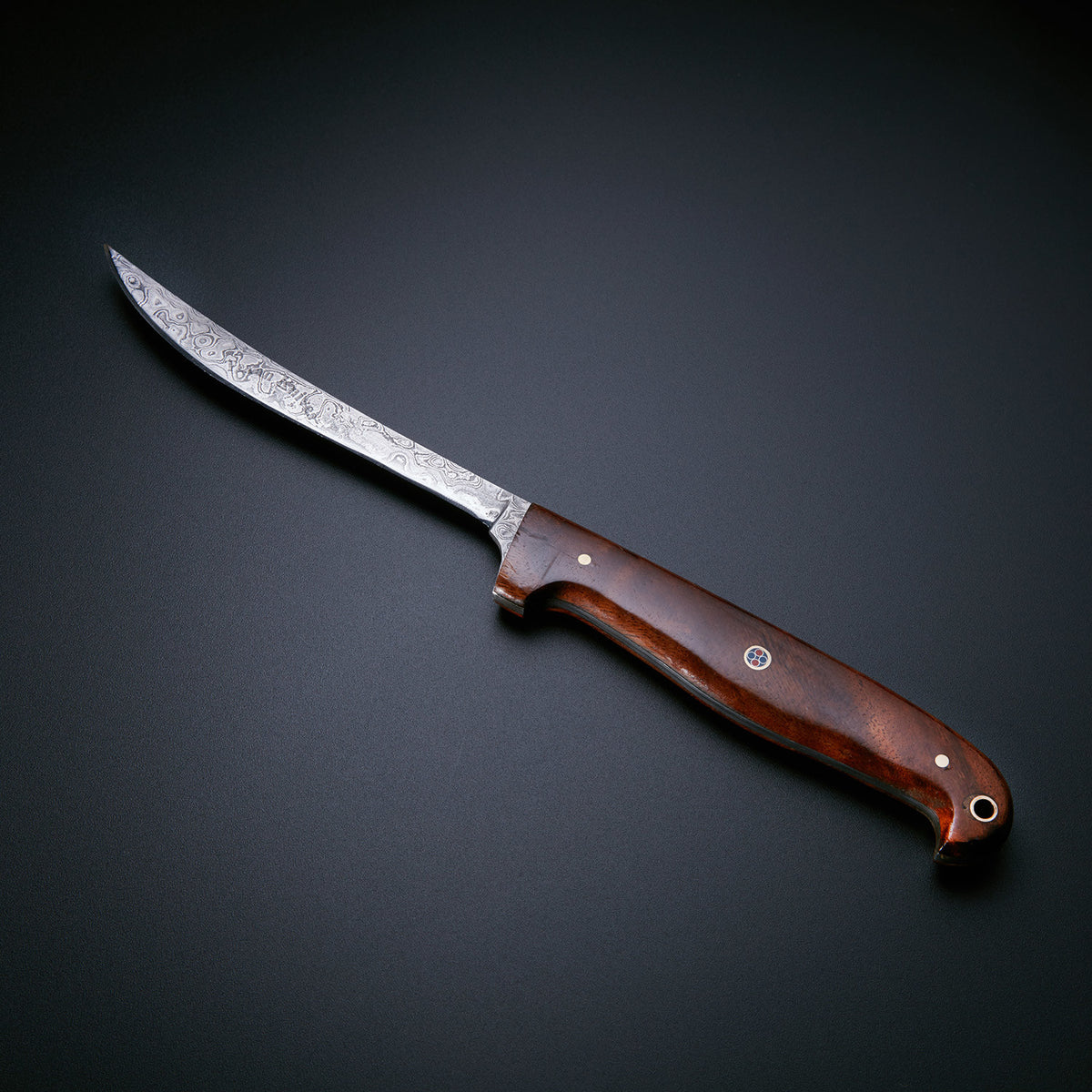 Handcrafted Damascus Fishing Fillet Knife with Exotic Rosewood Handle & Leather Sheath