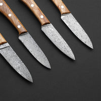 Custom Handmade Damascus Steel 4 Pcs Steak Knives Handle Olive Wood With Leather Kit Premium Steak Knife Set for Gourmet Dining