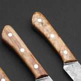 Custom Handmade Damascus Steel 4 Pcs Steak Knives Handle Olive Wood With Leather Kit Premium Steak Knife Set for Gourmet Dining