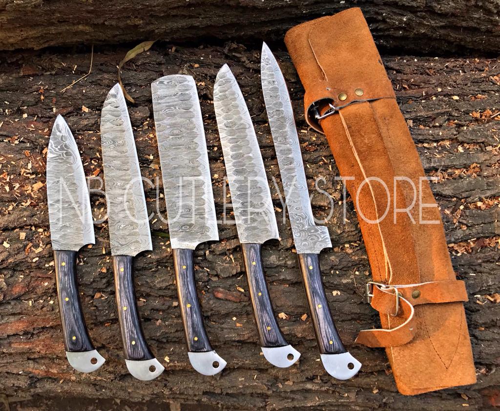 Custom Handmade Damascus Steel 5 Pcs Chef Set Handle Hardwood With Leather Roll Kit