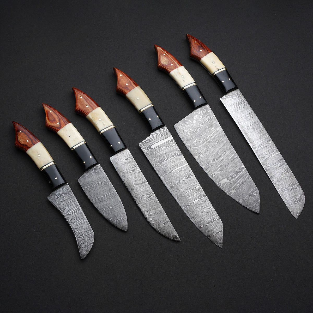 Custom Handmade Damascus Steel 6-Piece Chef Knife Set – Cow Bone, Black Horn & Hardwood Handles with Leather Roll
