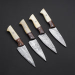 Custom Handmade Damascus Steel 4 Pcs Steak Knives Handle Cow Bone/Wood With Leather Roll Kit High-Quality Steak Knife Set for Perfect Slices