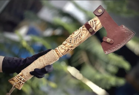 Hand-Forged High Carbon Steel Viking Tomahawk Axe with Ash Wood Handle & Leather Sheath