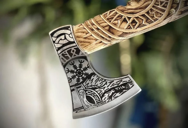 Hand-Forged High Carbon Steel Viking Tomahawk Axe with Ash Wood Handle & Leather Sheath