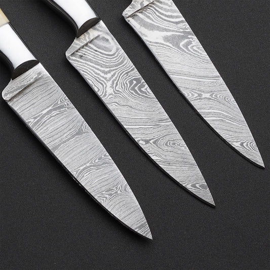 Custom Handmade Damascus Steel Bone Handle 3 Pcs Steak Knives With Leather Roll Kit Superior Steak Knife Set for Fine Dining Moments