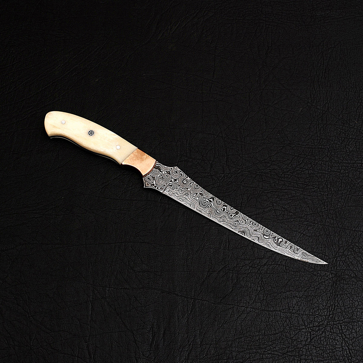 Damascus Steel Fillet Knife with Cow Bone Handle & Brass Bolster