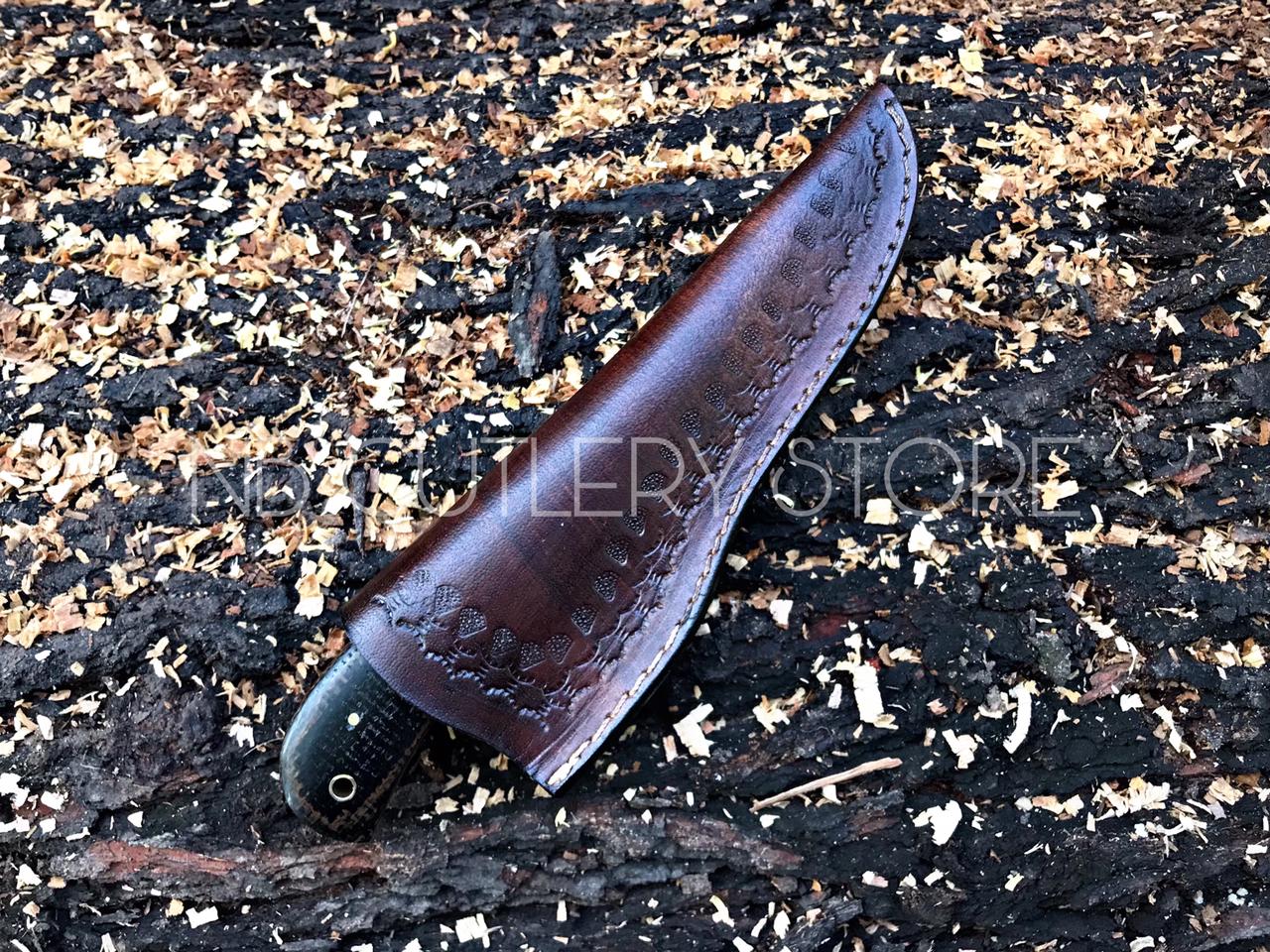 Damascus Steel Gut Hook Knife – Micarta Grip with Leather Sheath