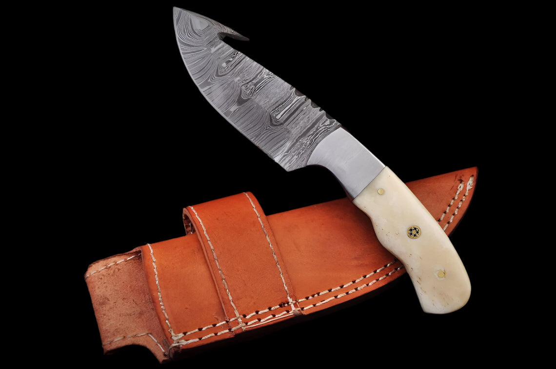 Custom Handmade Damascus Steel Guthook Skinner Knife with Cowbone Handle & Leather Sheath