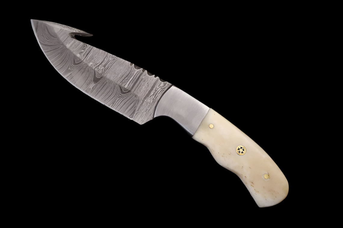 Custom Handmade Damascus Steel Guthook Skinner Knife with Cowbone Handle & Leather Sheath