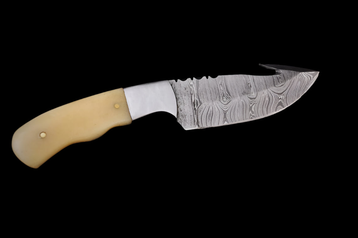 Custom Handmade Damascus Steel Guthook Skinner Knife with Cowbone Handle & Leather Sheath