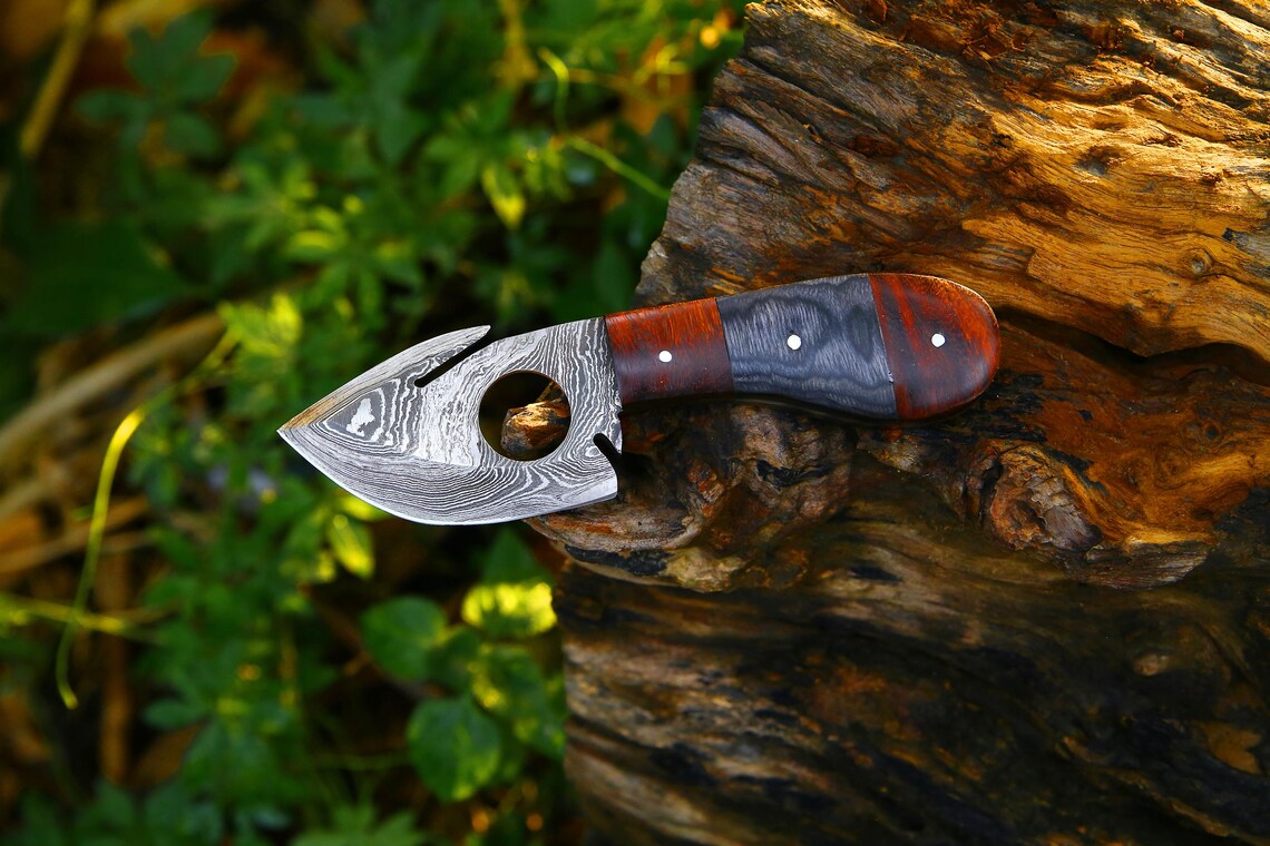 Rosewood Handle Damascus Guthook Skinner with Leather Sheath