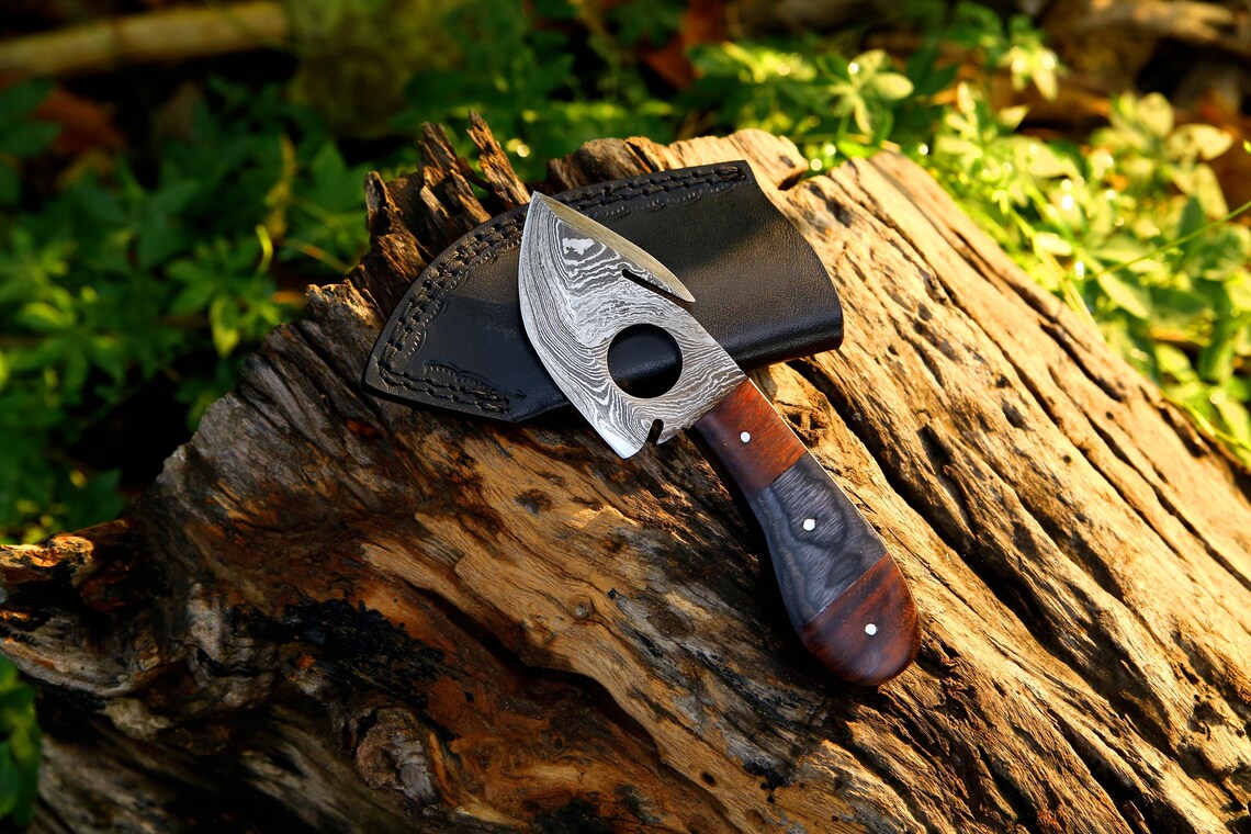 Rosewood Handle Damascus Guthook Skinner with Leather Sheath